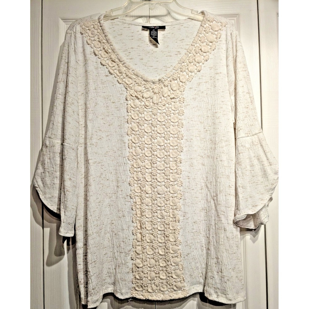 Style & Co. Womans Plus Sz: 1X Tunic Top Lace Embroidered Flare 3/4 Sleeve Boho